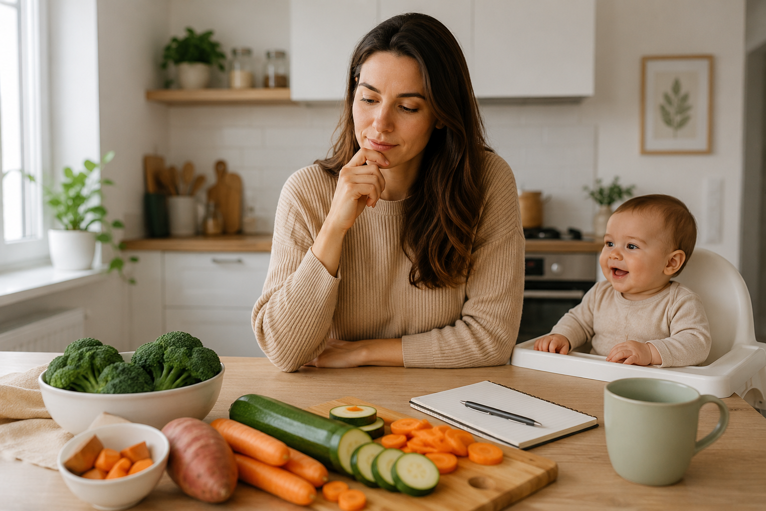 Maman souriante pr&eacute;parant un repas pour son b&eacute;b&eacute;
