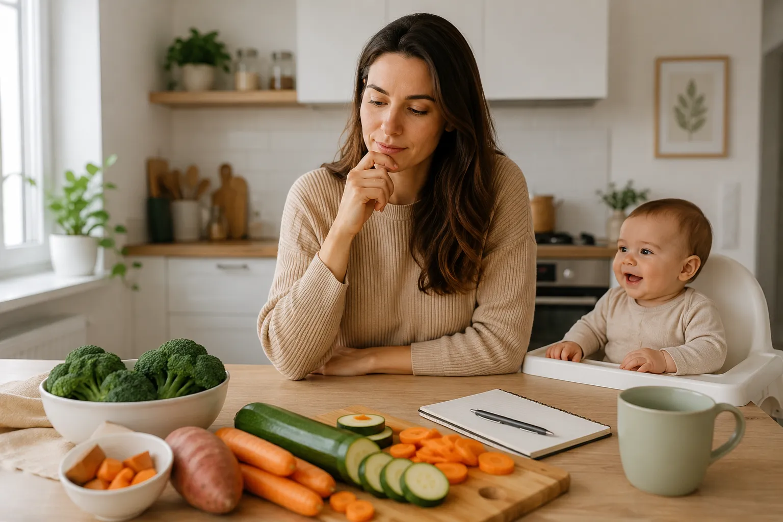 Maman souriante pr&eacute;parant un repas pour son b&eacute;b&eacute;