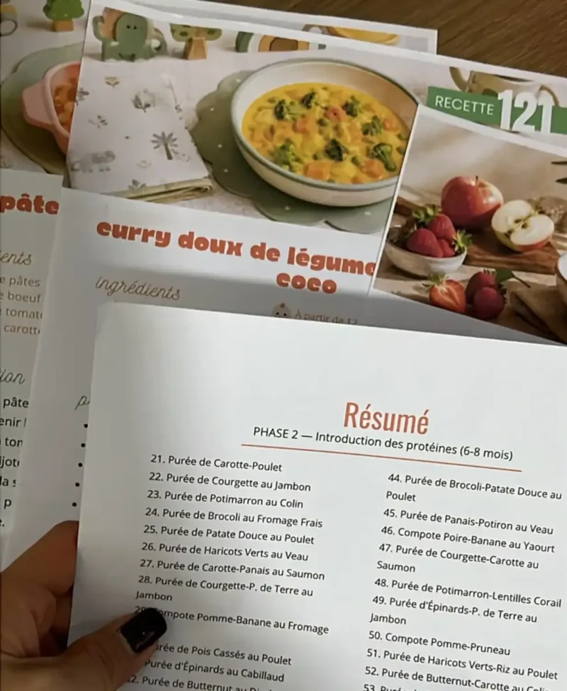 Pages imprimées de Recettes Bébé Chef : recette du curry doux de légumes coco et sommaire de la phase 2, introduction des protéines (6-8 mois)